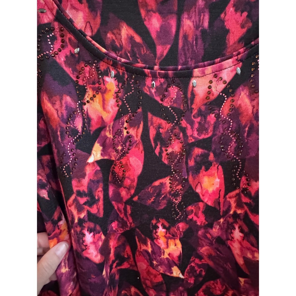 Allison Daley Woman 3X Black Pink Floral Long Sleeve Embellished Top - Picture 2 of 7